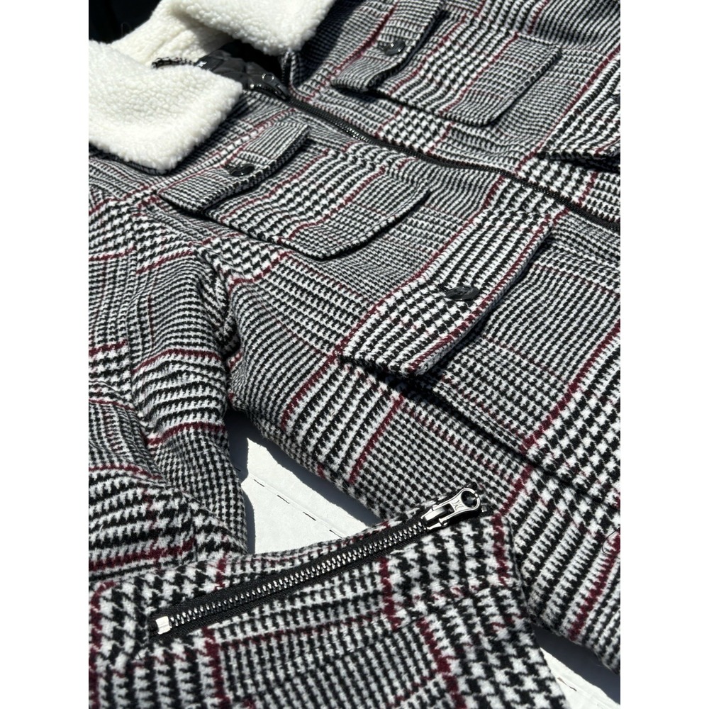 Hurley Houndstooth Plaid Jacket With Sherpa Collar Full Zip Women's Size M